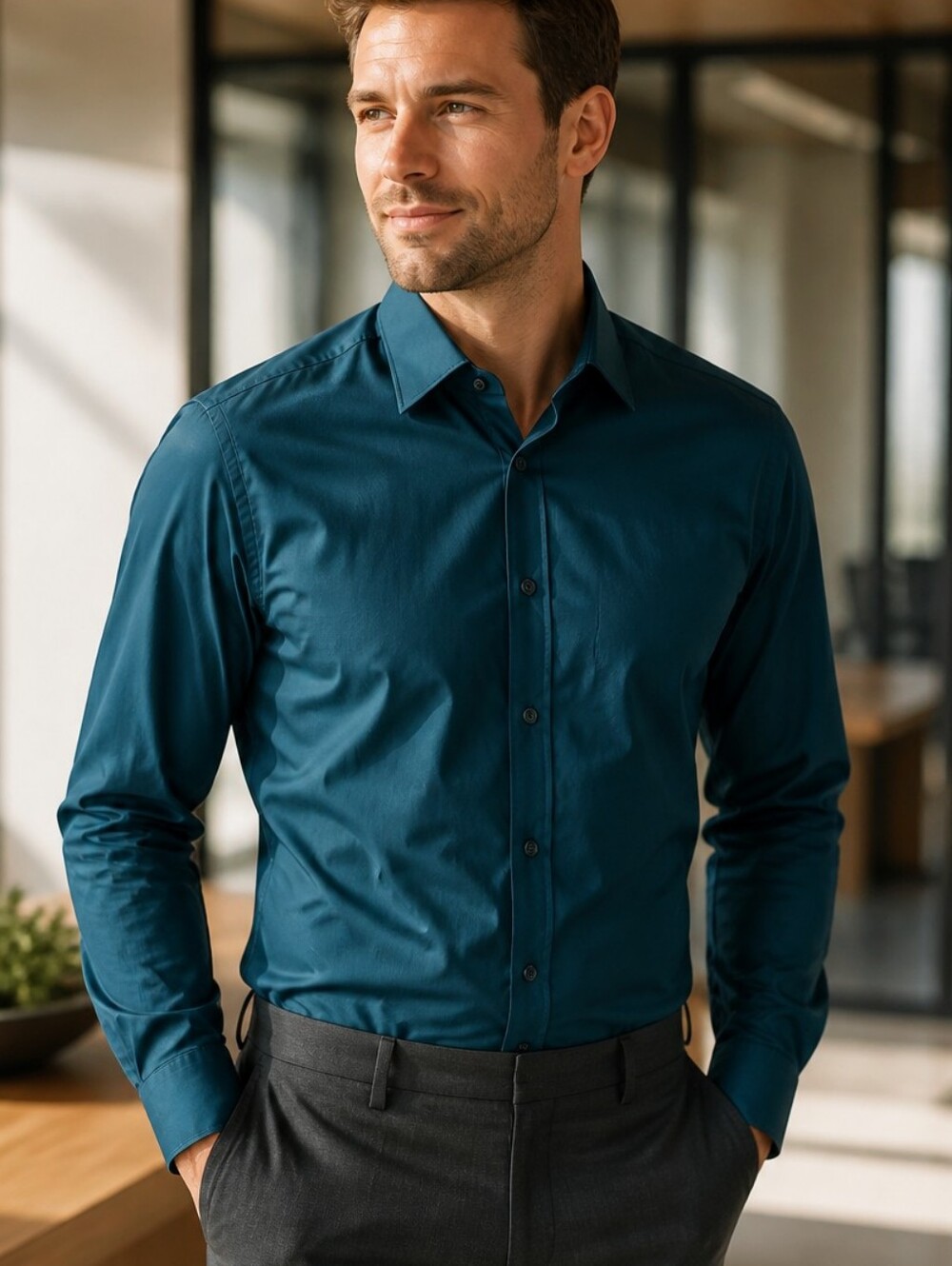Van Heusen Men's S 15.5, 34/35 Teal Wrinkle Free Poplin Dress Shirt Long Sleeve